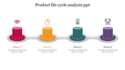 Four-step product life cycle chart featuring colored cylindrical shapes with icons and placeholder text below each phase.