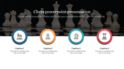 Four circular icons in blue, orange, teal, and red, with captions below, placed over a chessboard background.