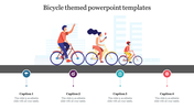 Bicycle-themed graphic featuring a family cycling and four placeholders text areas with icons below.