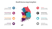 South Korea map with eight colorful highlighted regions, with matching icons and labels on either side.