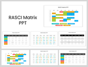 RASCI matrix slides with tables in various colors representing the roles of team members for project assignments.