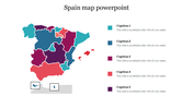 Color-coded map of Spain showing distinct regions, with five numbered caption areas on the right.