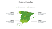 Spain PowerPoint slide featuring a map of Spain with location pins and four caption sections.