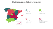 A map of Spain with regions colored in green, red, and pink, next to four icons with corresponding text on the right.