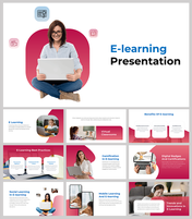 E-learning themed slide deck with a central image of a woman using a laptop and various educational icons.