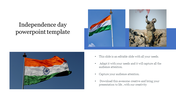 Slide for Independence day with the Indian flag flying high and images representing military service.