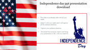 Independence day slide with American flag background, Statue of Liberty graphic, and text.