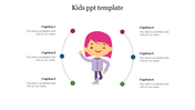 Kids PowerPoint template featuring a cartoon character in the center with six caption placeholders around.