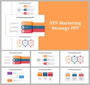 STP Marketing Strategy slides with visuals for segmentation, targeting, and positioning with icons and different layouts.