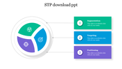 Circular diagram on the left with three segments in green, blue, and purple, linked to text boxes on the right.