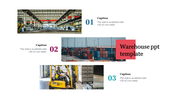 Three industrial and logistics themed images with numbered captions, featuring a bold red label with title on the right.