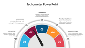 Slide featuring a colorful tachometer diagram explaining its components, functionality, and usage with icons.