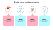 Dental PowerPoint slide featuring four icons, each paired with text boxes in pastel shades of pink and blue.