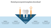 Dental template with a tooth icon and two dental tools on a blue triangle, four placeholder texts below.