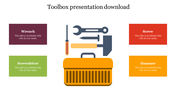 Toolbox image at the center with wrench, screwdriver, screw, and hammer icons with four colorful boxes around it.