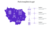 Paris themed slide design showcasing a purple silhouette map with notable landmarks and chronological timeline for captions.