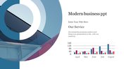 Modern business slide with a large abstract circle on the left and a bar chart for monthly data on the right.