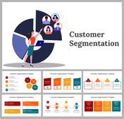 Slide pack for customer segmentation, featuring pie charts, icons, and color-coded segments for various data categories.