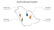 Saudi Arabia map with four landmarks marked by colorful building icons, each with captions.