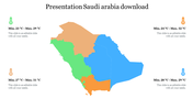 Color-coded map of Saudi Arabia with regional minimum and maximum temperatures displayed around it.