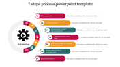 A process diagram PPT template with 7 steps, each labeled and colored from pink to teal around a central automation icon.