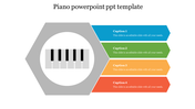 Hexagonal diagram with a piano key illustration at the center, paired with four colorful segments with captions.