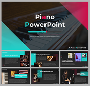 Slide pack with a piano focused theme including keyboard images, history, techniques, famous composers, and more.