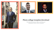 Collage of three portraits of men in suits, framed in orange, yellow, and pink borders on a white background.