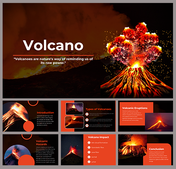 Pack slides with vibrant orange and red colors, showcasing erupting volcanoes, their hazards, types, and effects.