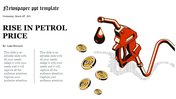 Newspaper style slide featuring a headline about rising petrol prices, with an illustration of a fuel pump and dollar coins.