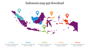 Indonesia map with regions in various colors and five icons representing different locations, each linked to captions areas.