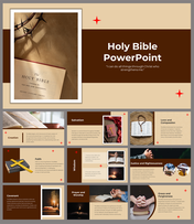 Slide deck with a Bible theme, showing a image of the Holy Bible and sections on creation, love, and wisdom, with  visuals.