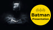 Collection of batman themed slides with a dark design, featuring an iconic logo and covering, many related topics.