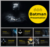 Collection of batman themed slides with a dark design, featuring an iconic logo and covering, many related topics.