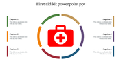 Red colored first aid kit box surrounded by six colorful lines forms a circular layout with matching captions.