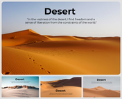 A vast desert landscape slide deck with sand dunes and footprints under a clear sky, along with smaller desert images below.