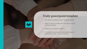 Unity slide with hands joined in background, teal sidebar with icon, and text overlay on transparent white box.