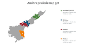 Gray map of Andhra Pradesh with districts colored in green, blue, red, and orange, listed with labels on the right.