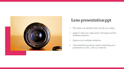 Camera lens in focus on a light background with pink accents and text details presented in bullet points.