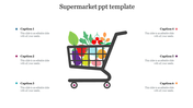 A shopping cart filled with colorful groceries in the center with six caption placeholders, three on each side.