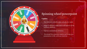 Multicolored spinning wheel with various point values and caption on a red gradient background.