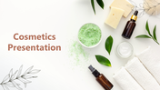 A slides of elegant cosmetics presentation with organic visuals, delicate leaf motifs, and product-focused imagery.