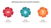 Three colored spin wheel template with icons: cash on red, slots on teal, trophy on orange in a white background.