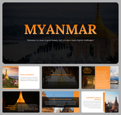 Myanmar slides showing culture, history, politics, geography, and cuisine with images and text in orange and dark tones.