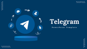 Slide pack with the Telegram logo, discussing features like channels, privacy, messaging, and integrations in blue backdrop.