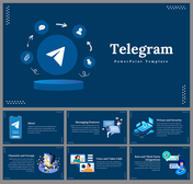 Slide pack with the Telegram logo, discussing features like channels, privacy, messaging, and integrations in blue backdrop.