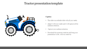 Illustration of a blue tractor with black wheels, along with text on a white background and a gray footer.