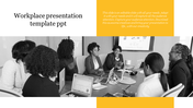 Monochrome image of a workplace meeting in the center, with yellow accent blocks with text on the top.