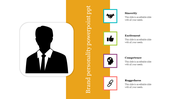 Brand Personality slide featuring a silhouette of a businessman and four key traits with color coded icons with text.