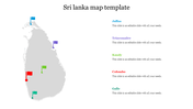 Map of Sri Lanka in gray with five colored flags marking locations, linked to corresponding text areas on the right.